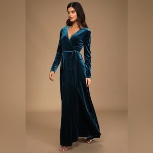NWT Lulus Teal Velvet Wrap Maxi Dress Date Night Wedding Winter Holiday Party
